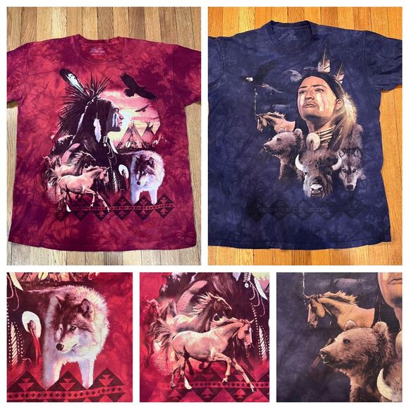 Two (2) The Mountain Native American Graphic Tee Shirts Large Red Tie Dye Blue - Picture 1 of 15